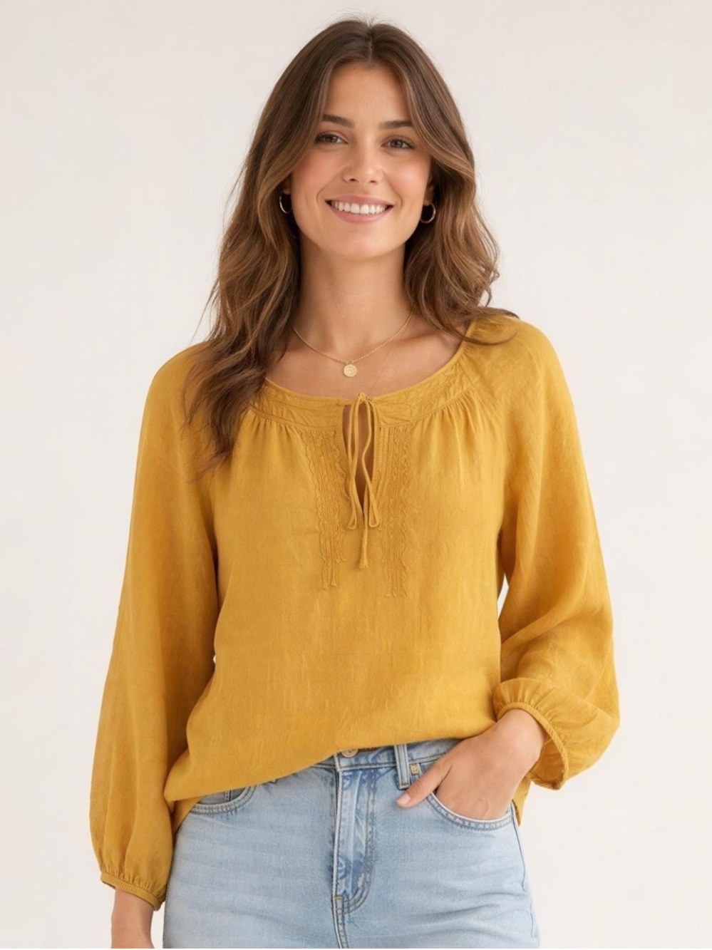 Zara Mustard Yellow Ramie Cotton Embroidered Boho Blouse S - Picture 4 of 11
